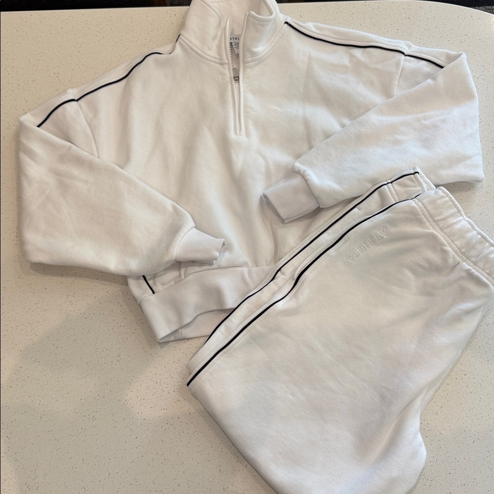 Athleta White Half-Zip Sweater with Black Piping